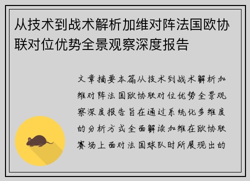 从技术到战术解析加维对阵法国欧协联对位优势全景观察深度报告