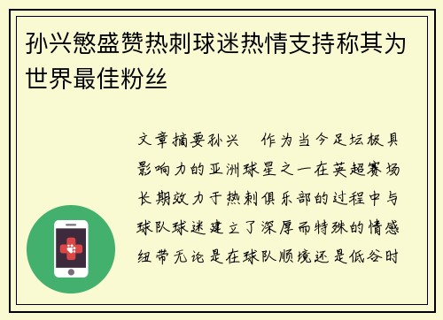 孙兴慜盛赞热刺球迷热情支持称其为世界最佳粉丝
