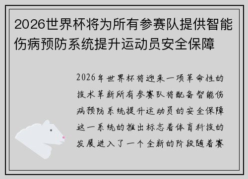 2026世界杯将为所有参赛队提供智能伤病预防系统提升运动员安全保障 2026世界杯将为所有参赛队提供智能伤病预防系统提升运动员安全保障